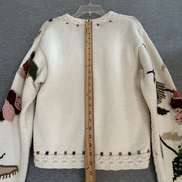 All Week Long Chunky Cardigan Sweater M Floral Cottagecore Cabin Beige Crochet - Picture 7 of 13